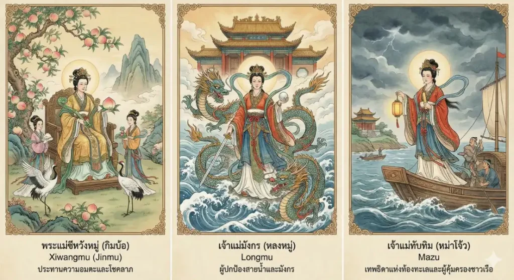 พระแม่ซีหวังหมู่ พระแม่กิมบ้อ ต่างจากเจ้าแม่มังกร หรือเจ้าแม่ทับทิมอย่างไร